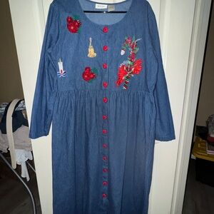 Mosaic Embroidered Denim holiday Dress with Red Buttons